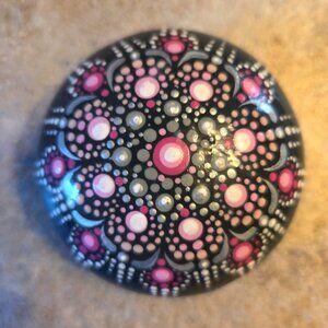 Pink and Black Stone Mandala Dot Art Handmade Hand Painted Round Rock